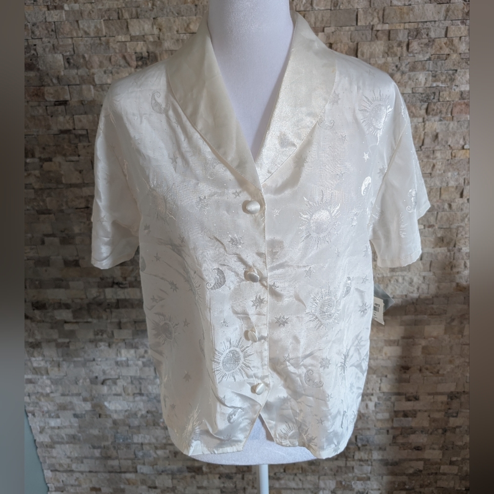 NWT Vintage Ivory Satin Celestial Morgan Taylor Moon Star Top Astrology 90s Sm P